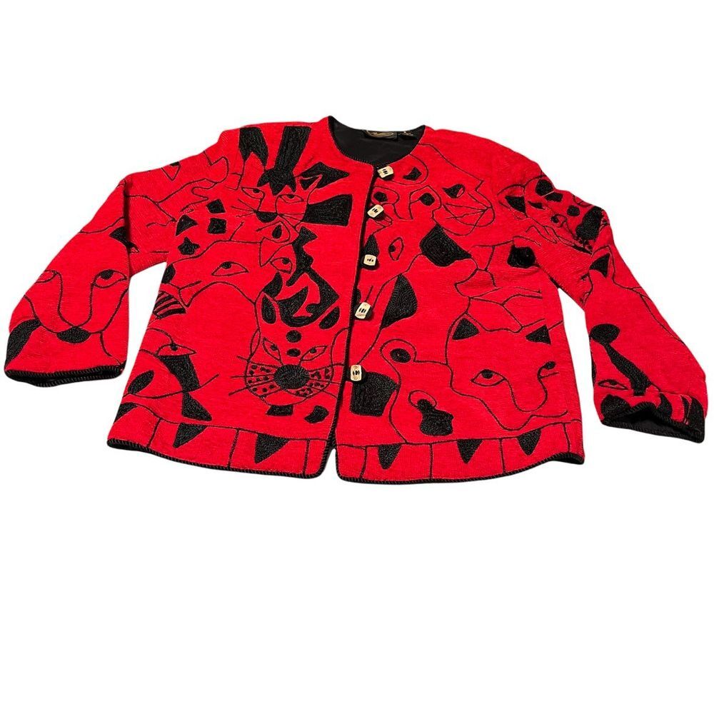 Allure Boutique VTG Black Cat Animal Jacket Embroidered Red‎ Jacket Women Small